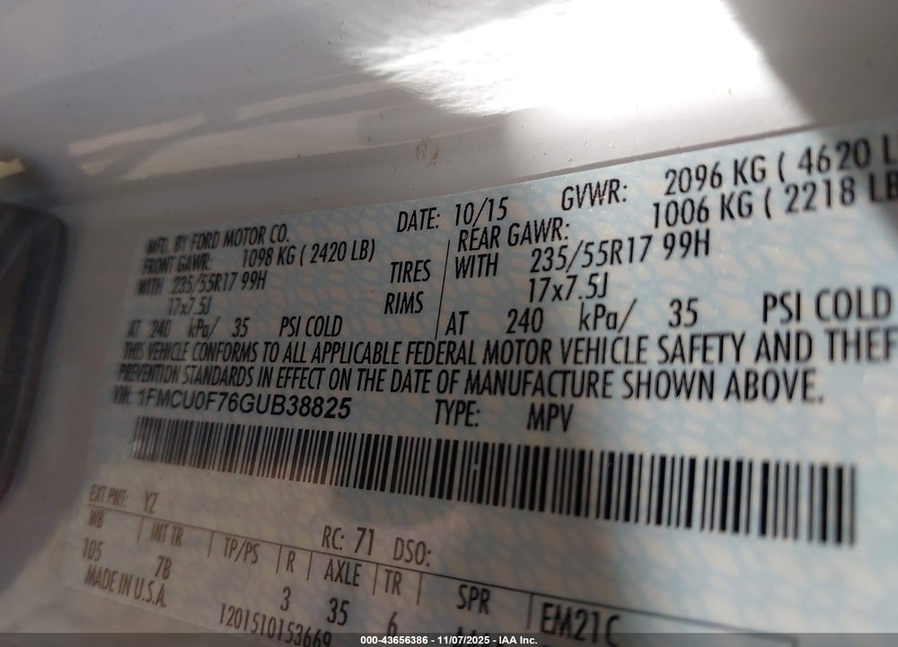 2016 FORD ESCAPE S VIN: 1FMCU0F76GUB38825