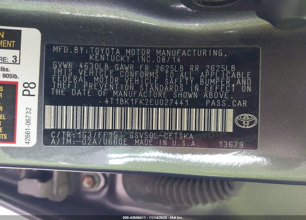 2014 TOYOTA CAMRY SE V6 VIN: 4T1BK1FK2EU027441