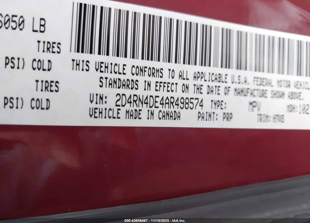 2010 DODGE GRAND CARAVAN SE VIN: 2D4RN4DE4AR498574