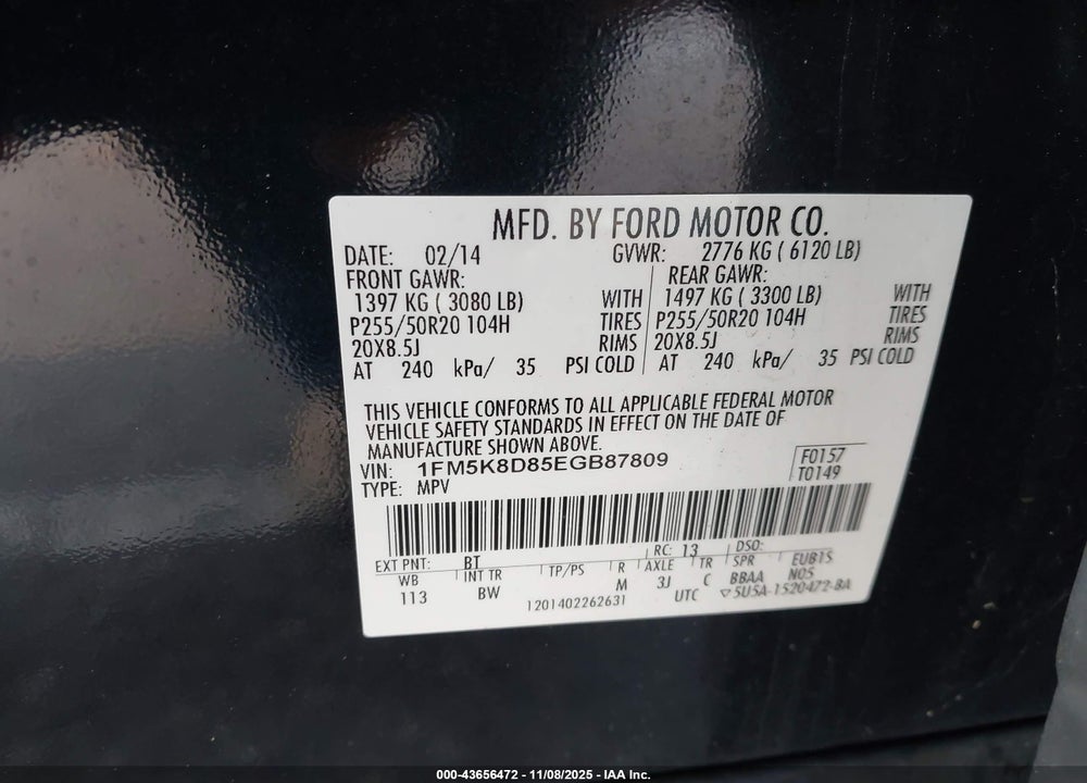 2014 FORD EXPLORER XLT VIN: 1FM5K8D85EGB87809