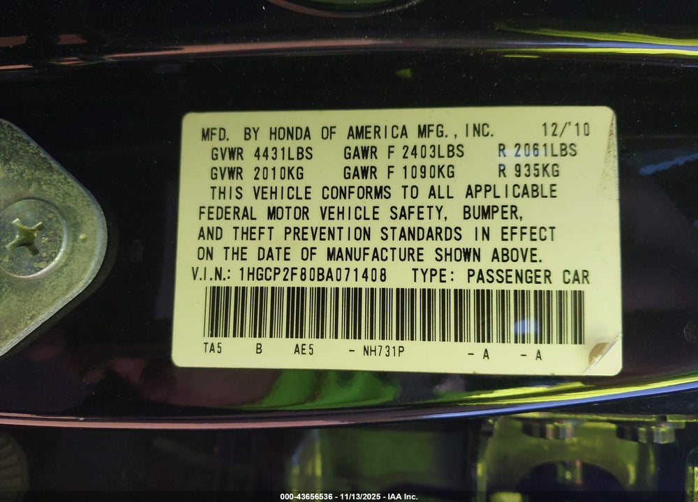 2011 HONDA ACCORD 2.4 EX-L VIN: 1HGCP2F80BA071408