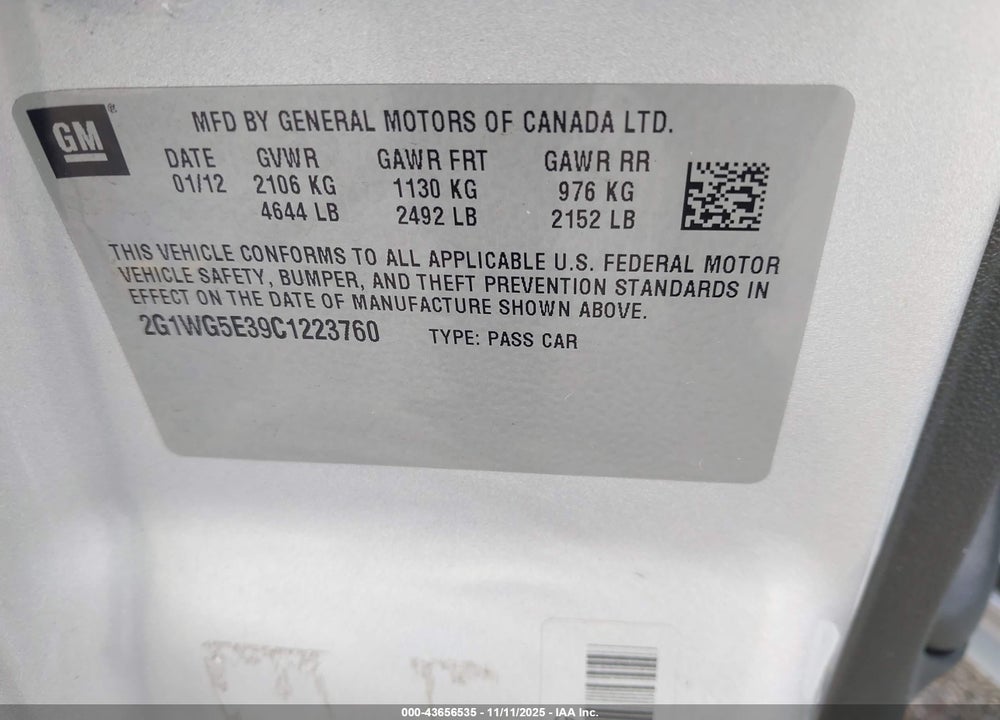 2012 CHEVROLET IMPALA LT VIN: 2G1WG5E39C1223760