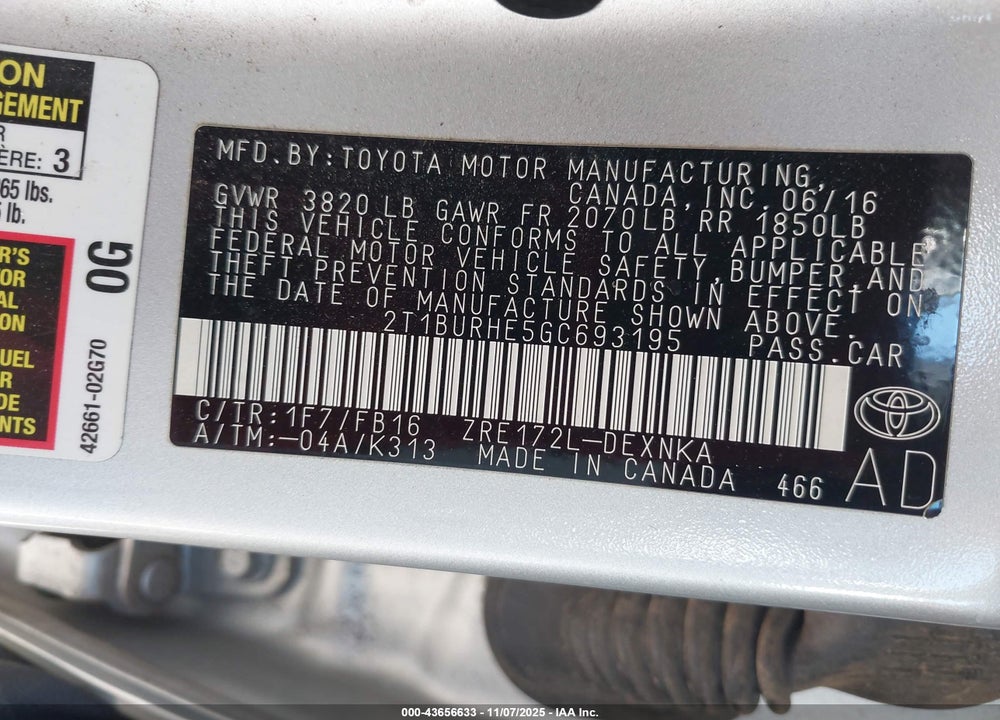 2016 TOYOTA COROLLA LE VIN: 2T1BURHE5GC693195