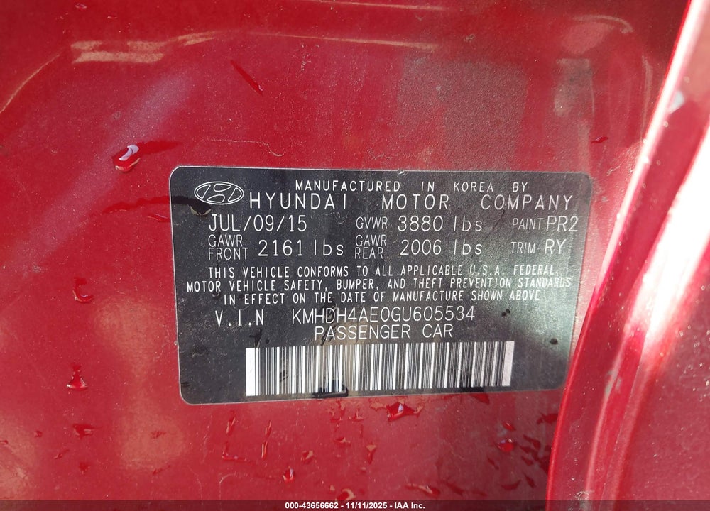 2016 HYUNDAI ELANTRA VIN: KMHDH4AE0GU605534