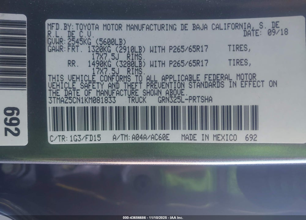 2019 TOYOTA TACOMA TRD SPORT VIN: 3TMAZ5CN1KM081833