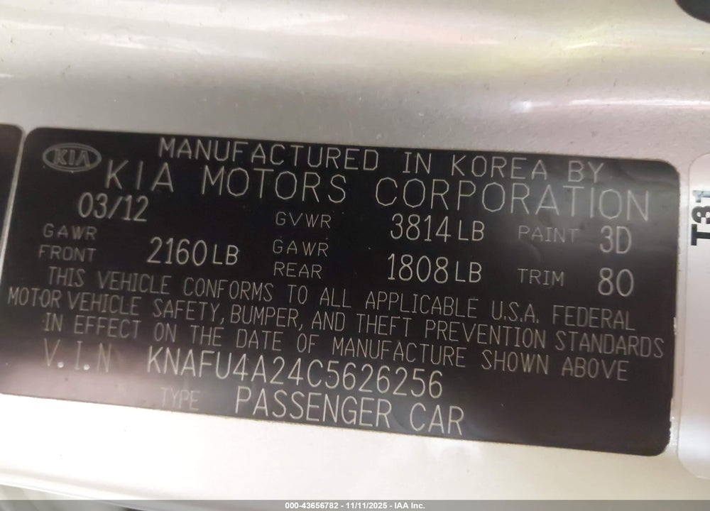 2012 KIA FORTE VIN: KNAFU4A24C5626256