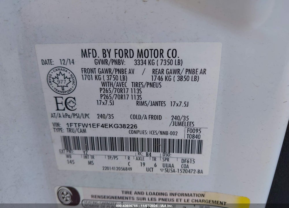 2014 FORD F-150 XLT VIN: 1FTFW1EF4EKG38226
