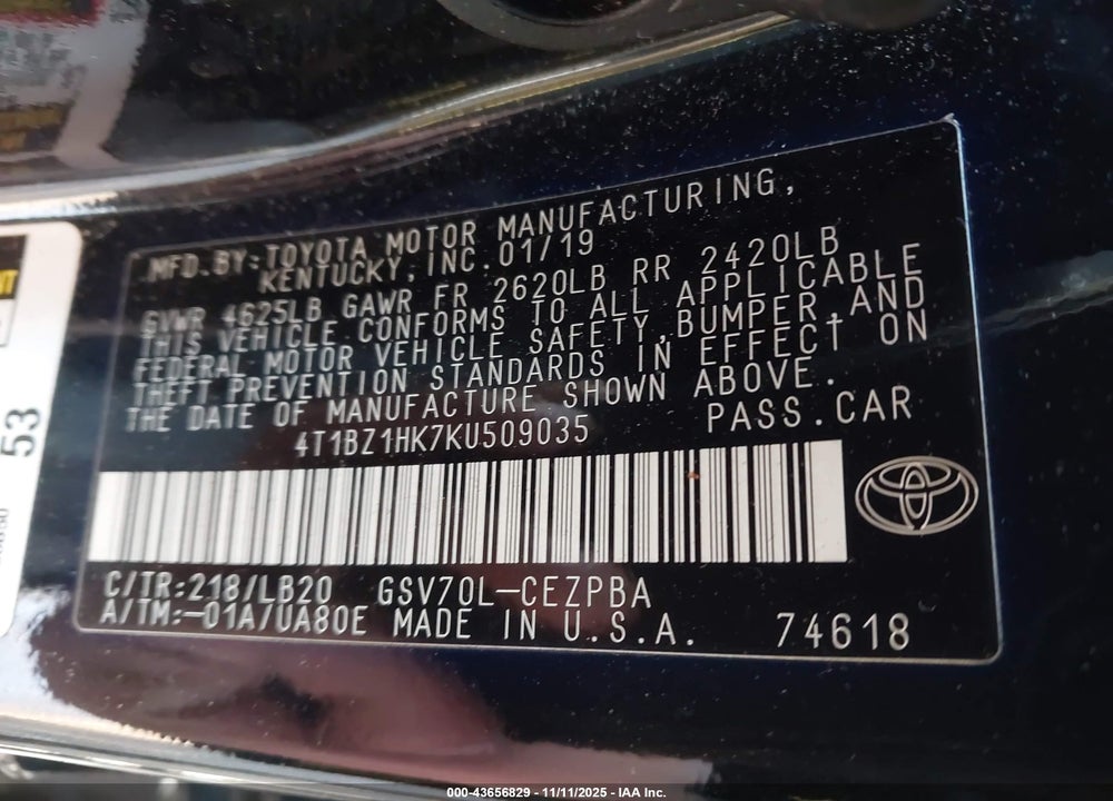 2019 TOYOTA CAMRY XSE V6 VIN: 4T1BZ1HK7KU509035