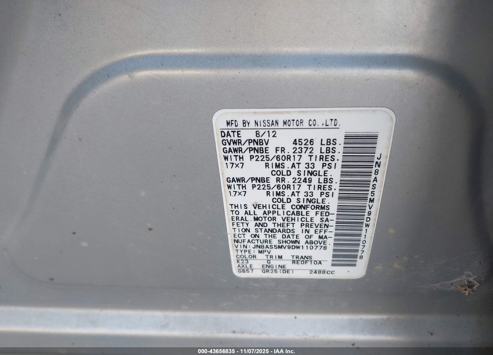 2013 NISSAN ROGUE SV VIN: JN8AS5MV9DW110778