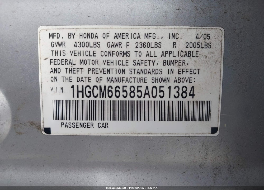 2005 HONDA ACCORD 3.0 EX VIN: 1HGCM66585A051384