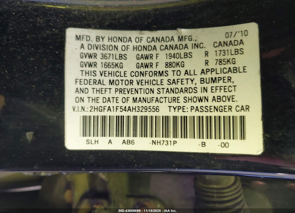 2010 HONDA CIVIC LX VIN: 2HGFA1F54AH329556