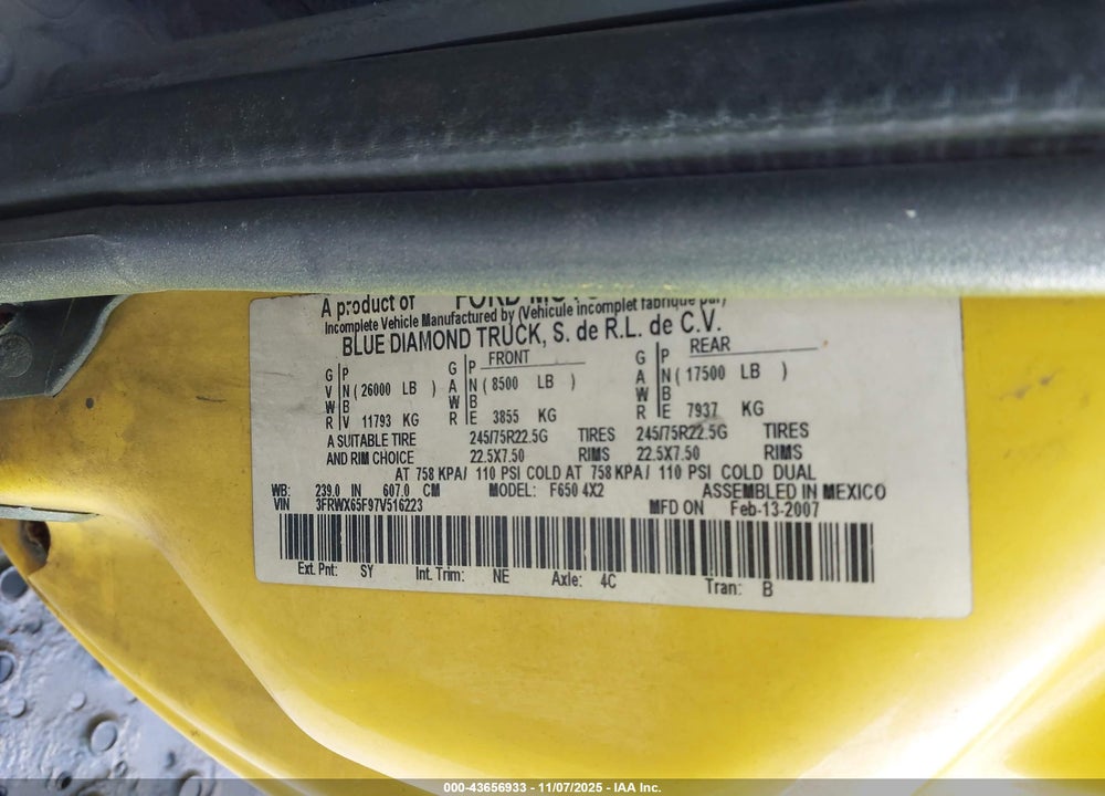 2007 FORD F-650 XL/XLT VIN: 3FRWX65F97V516223
