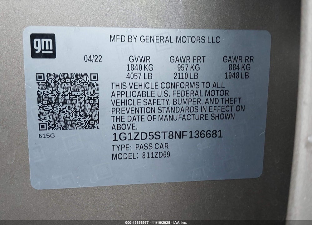 2022 CHEVROLET MALIBU FWD LT VIN: 1G1ZD5ST8NF136681