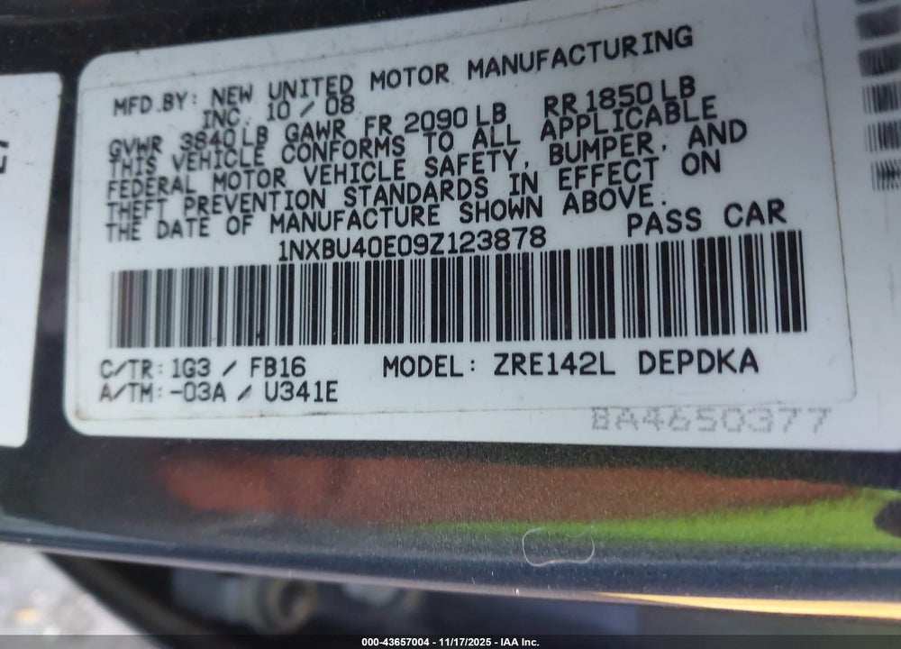 2009 TOYOTA COROLLA VIN: 1NXBU40E09Z123878