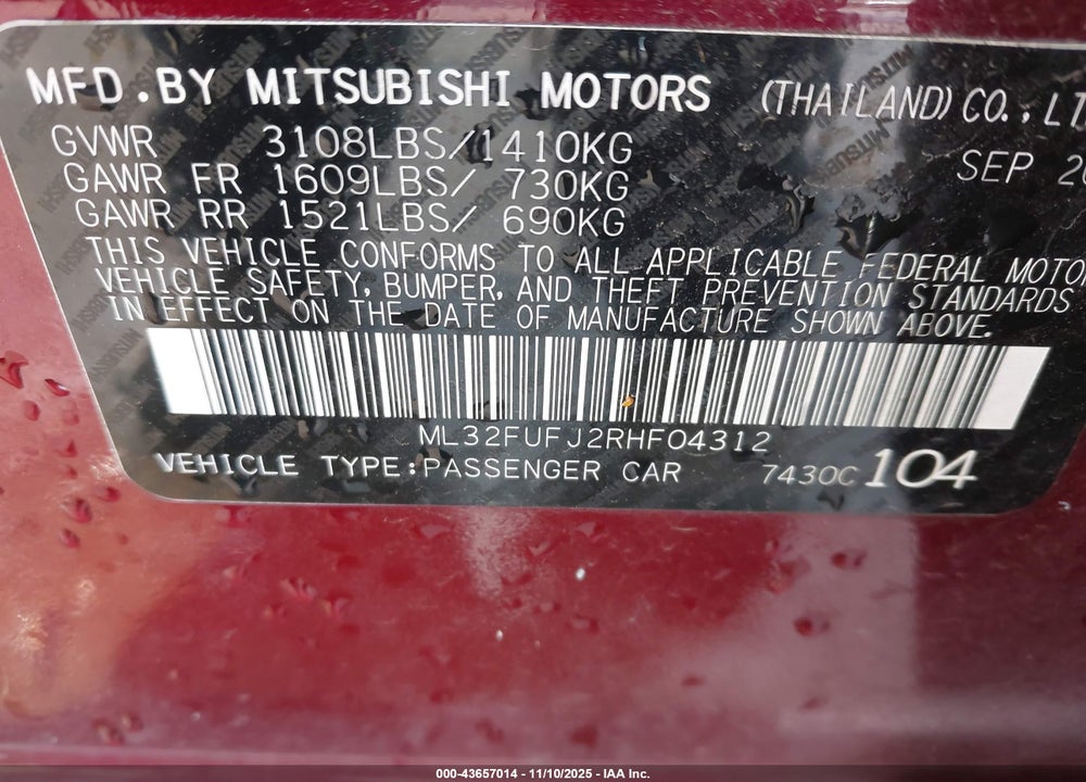 2024 MITSUBISHI MIRAGE G4 ES VIN: ML32FUFJ2RHF04312