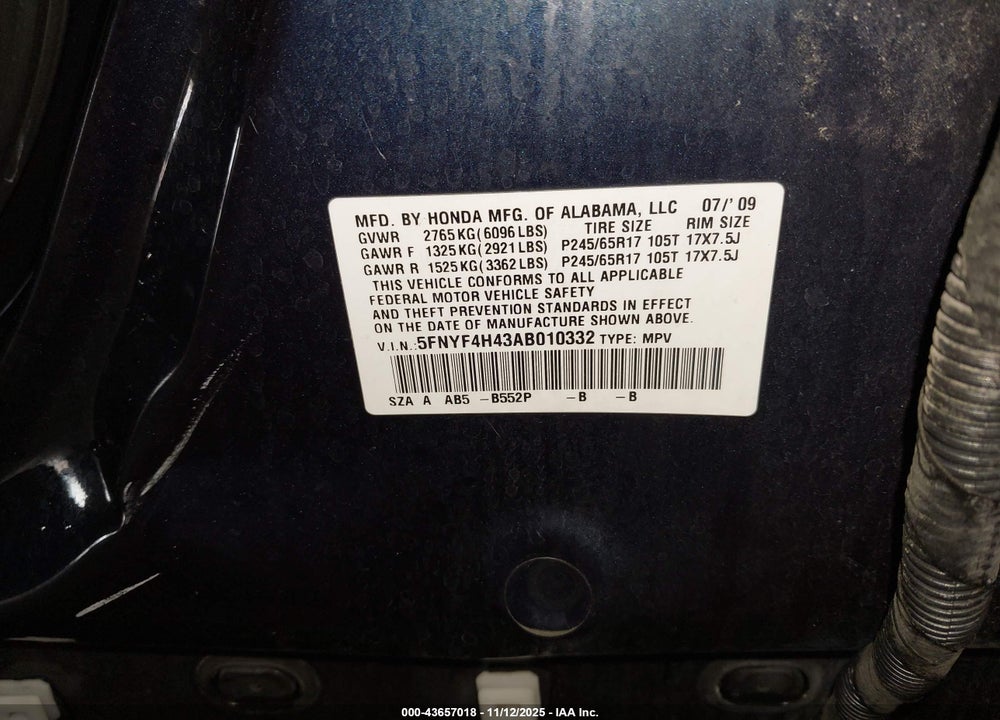 2010 HONDA PILOT EX VIN: 5FNYF4H43AB010332