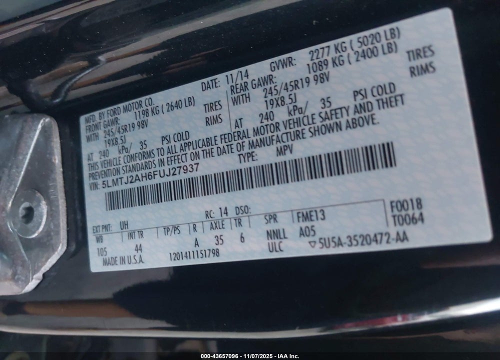 2015 LINCOLN MKC VIN: 5LMTJ2AH6FUJ27937