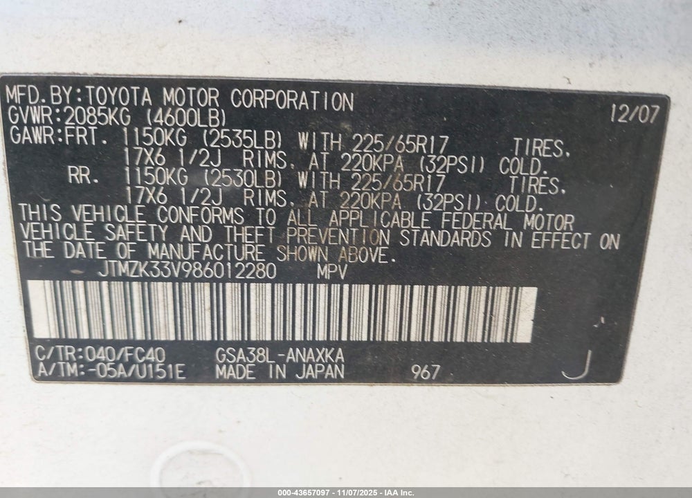 2008 TOYOTA RAV4 BASE V6 VIN: JTMZK33V986012280