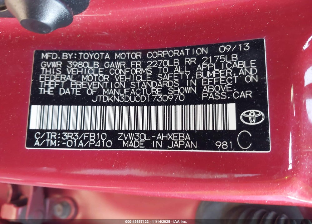 2013 TOYOTA PRIUS THREE VIN: JTDKN3DU0D1730970