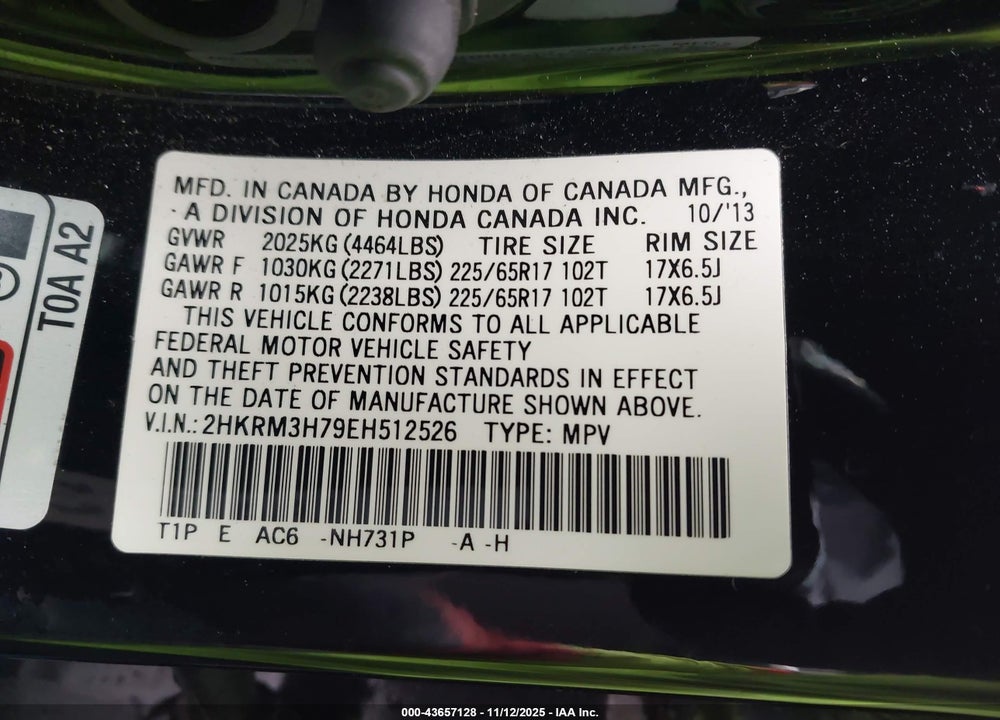 2014 HONDA CR-V EX-L VIN: 2HKRM3H79EH512526