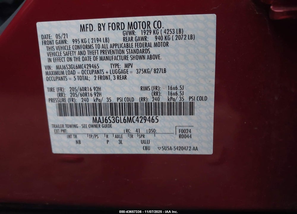 2021 FORD ECOSPORT SE VIN: MAJ6S3GL6MC429465
