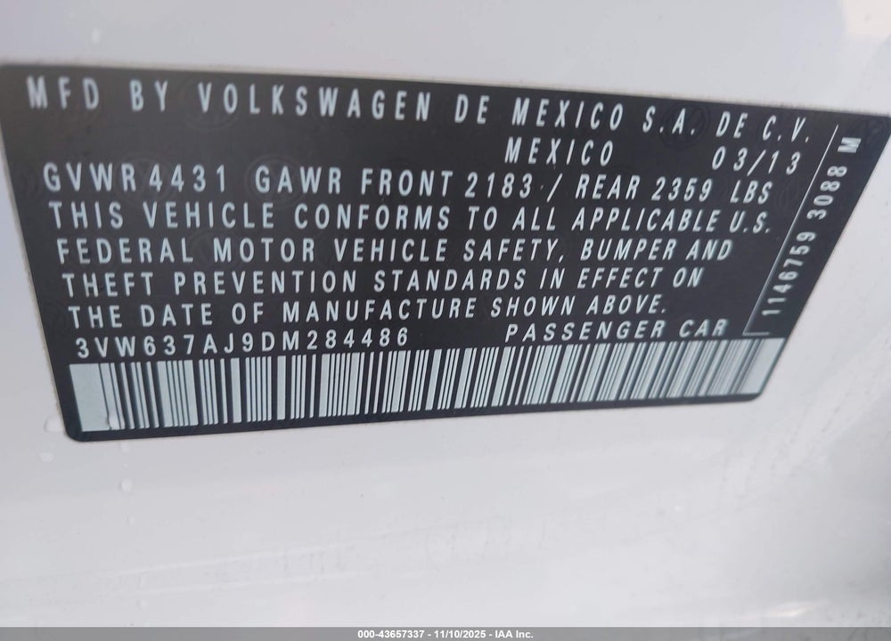 2013 VOLKSWAGEN JETTA HYBRID SEL PREMIUM VIN: 3VW637AJ9DM284486