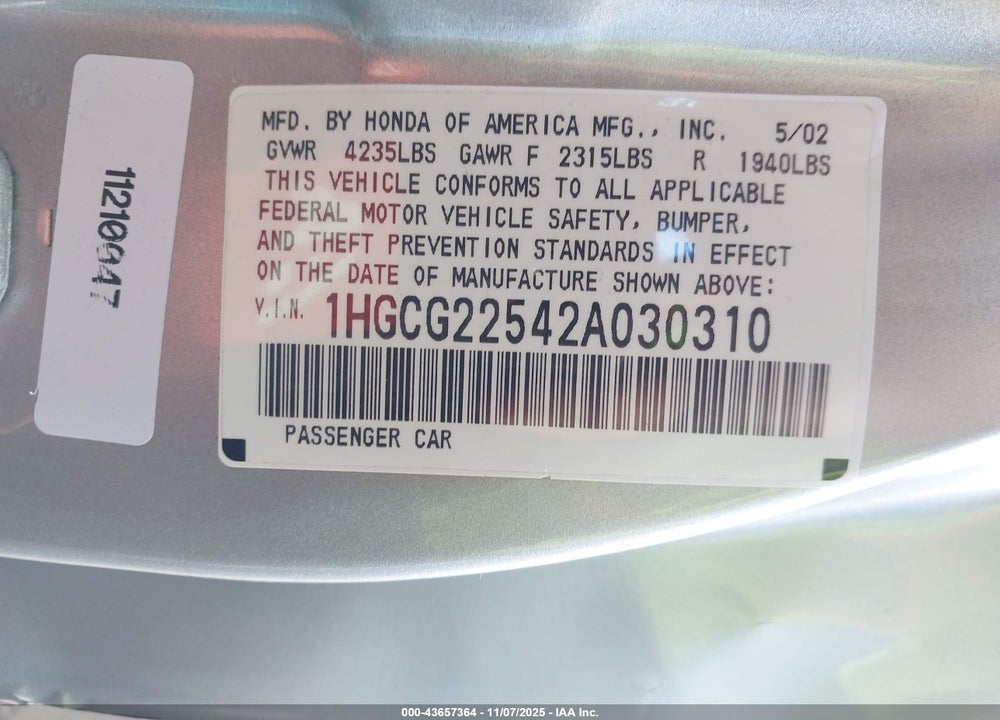 2002 HONDA ACCORD 3.0 EX VIN: 1HGCG22542A030310