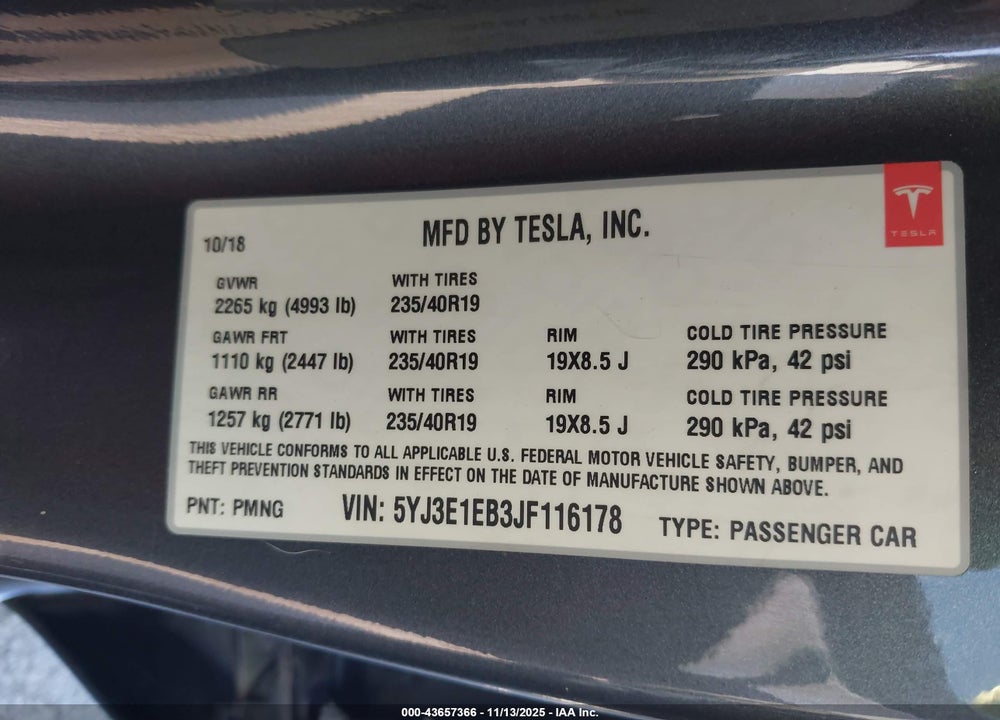 2018 TESLA MODEL 3 LONG RANGE/PERFORMANCE VIN: 5YJ3E1EB3JF116178