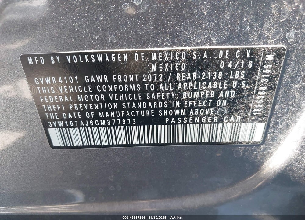 2016 VOLKSWAGEN JETTA 1.4T S VIN: 3VW167AJ6GM377973
