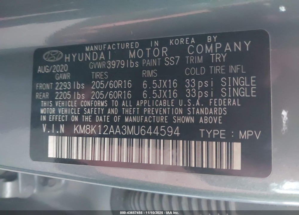 2021 HYUNDAI KONA SE VIN: KM8K12AA3MU644594