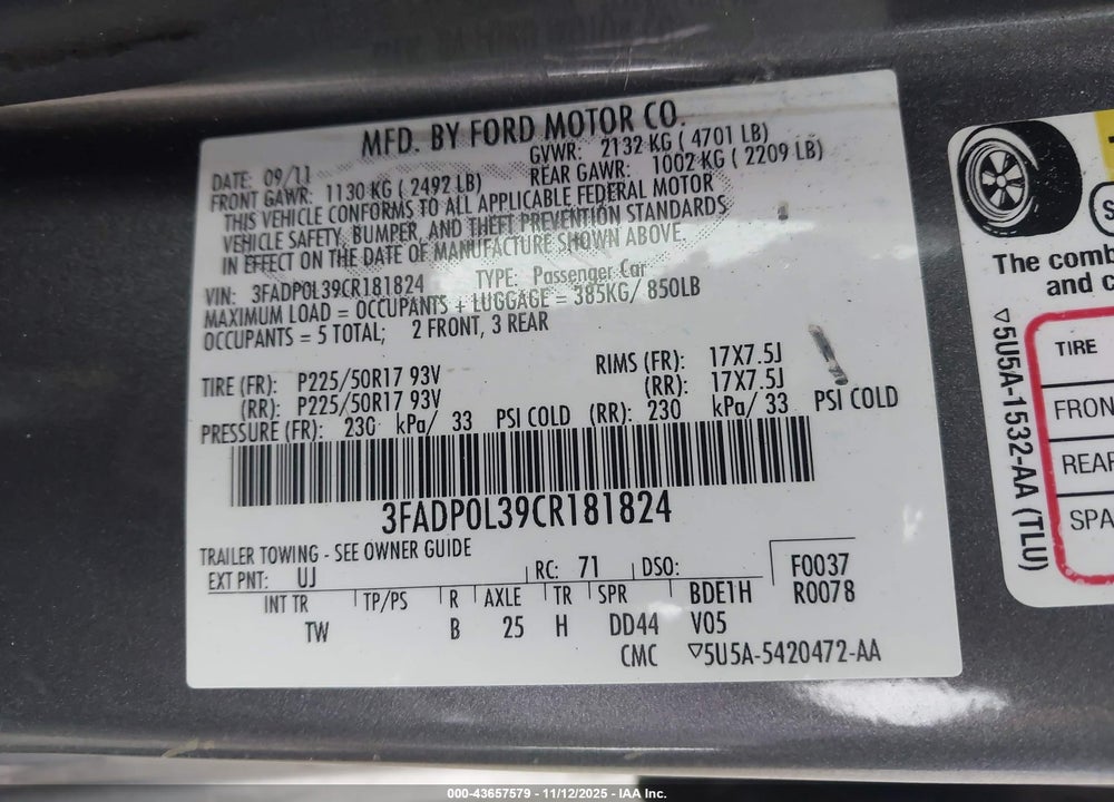2012 FORD FUSION VIN: 3FADP0L39CR181824