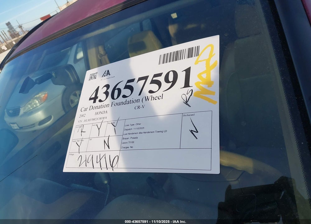 2002 HONDA CR-V EX VIN: JHLRD78822C083854