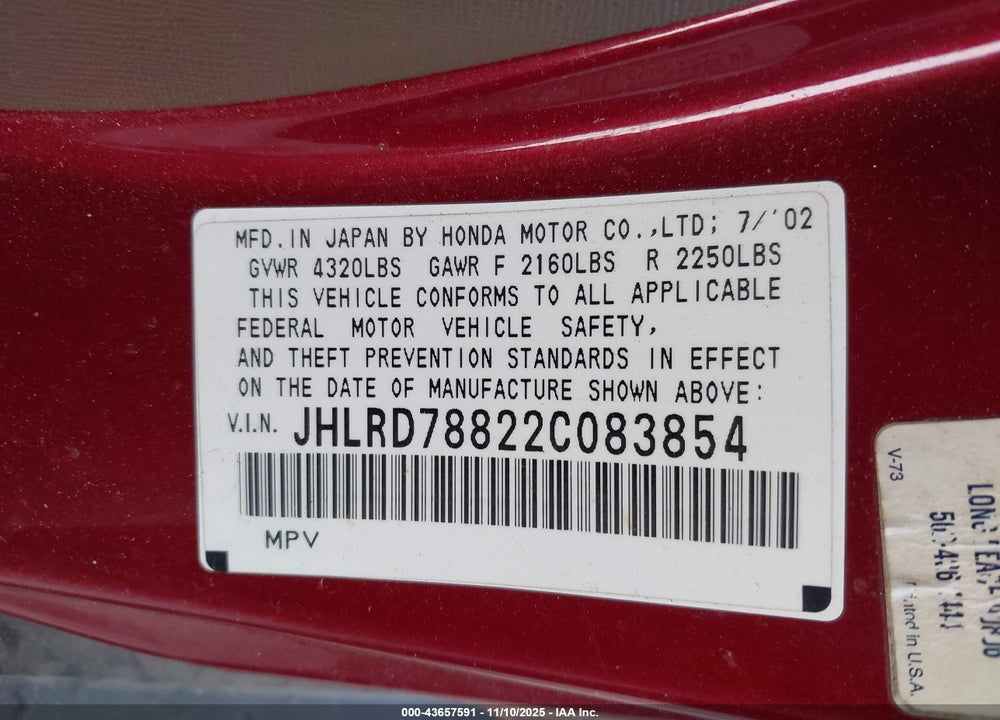 2002 HONDA CR-V EX VIN: JHLRD78822C083854