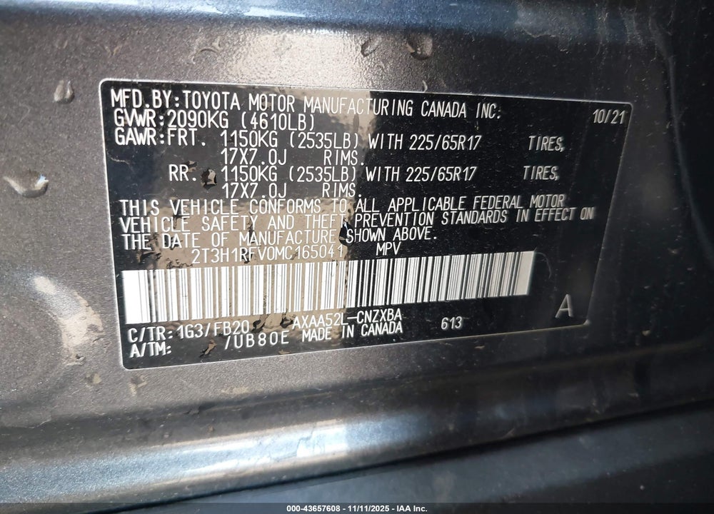 2021 TOYOTA RAV4 LE VIN: 2T3H1RFV0MC165041