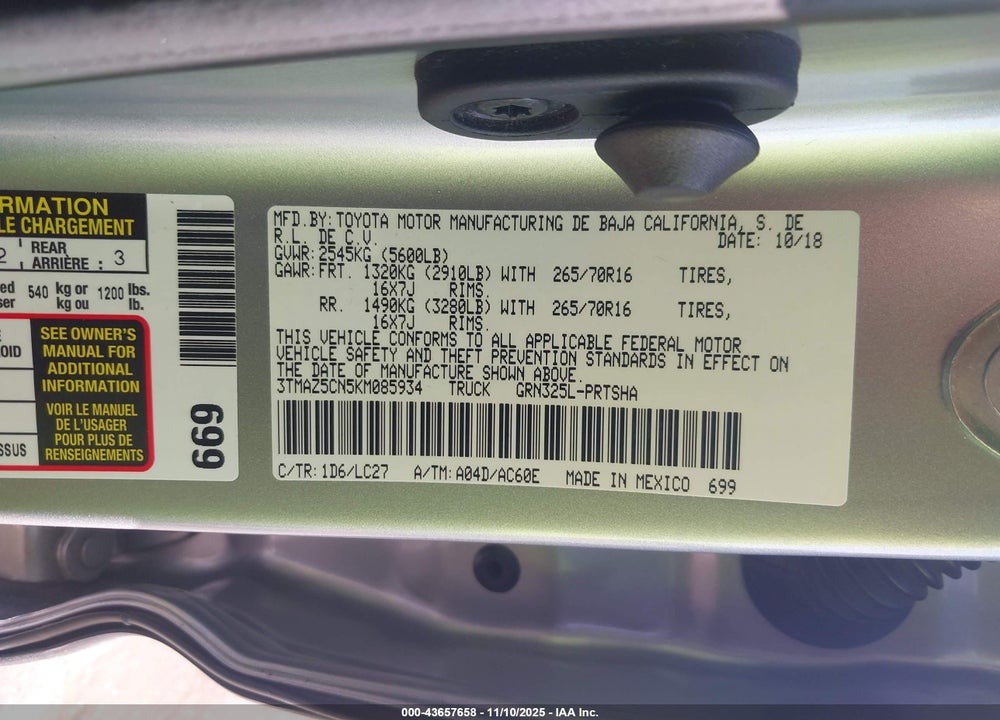 2019 TOYOTA TACOMA TRD OFF ROAD VIN: 3TMAZ5CN5KM085934