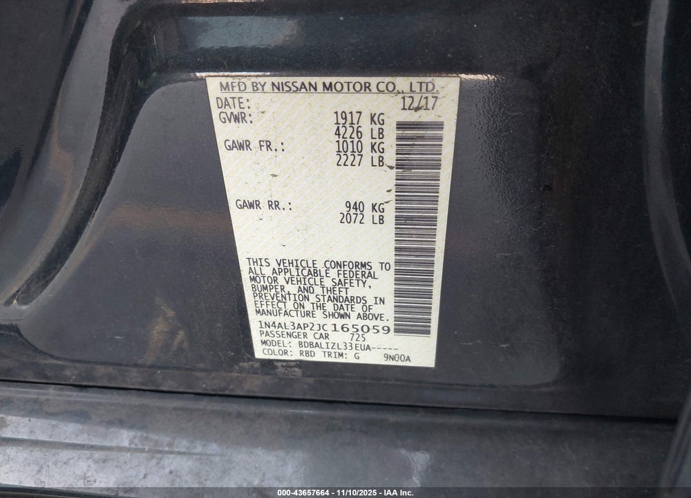 2018 NISSAN ALTIMA 2.5 SV VIN: 1N4AL3AP2JC165059