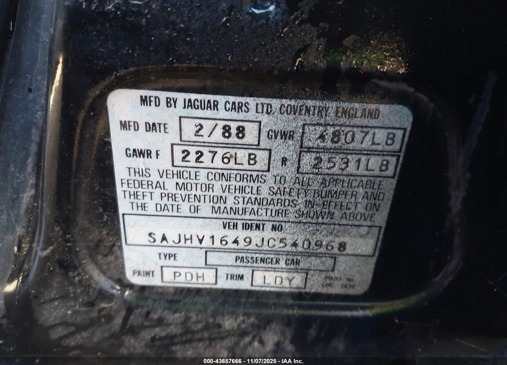 1988 JAGUAR XJ6 VIN: SAJHV1649JC540968