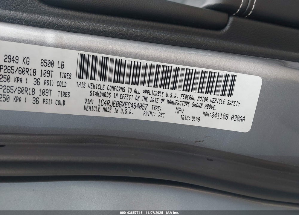 2014 JEEP GRAND CHEROKEE LIMITED VIN: 1C4RJEBGXEC464057