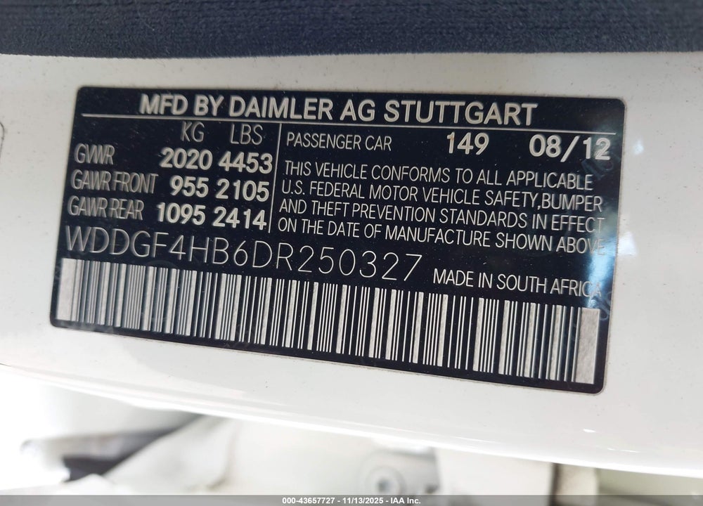 2013 MERCEDES-BENZ C CLASS VIN: WDDGF4HB6DR250327