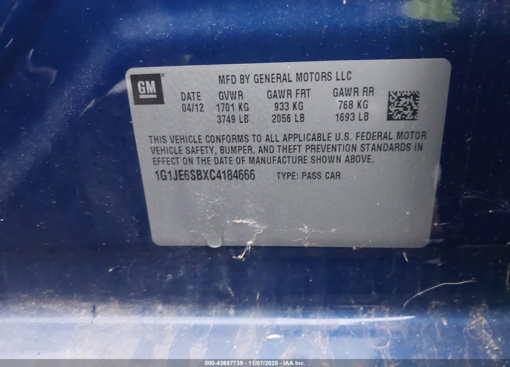 2012 CHEVROLET SONIC 2LZ VIN: 1G1JE6SBXC4184666