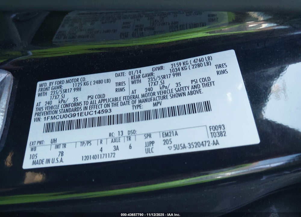 2014 FORD ESCAPE SE VIN: 1FMCU0G91EUC14593
