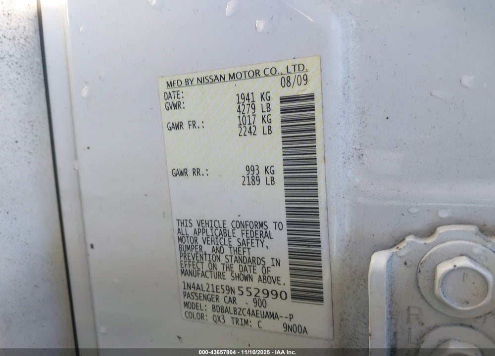 2009 NISSAN ALTIMA 2.5 S VIN: 1N4AL21E59N552990