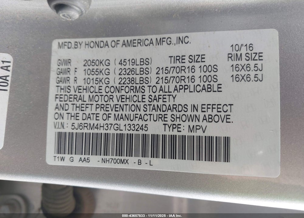 2016 HONDA CR-V LX VIN: 5J6RM4H37GL133245
