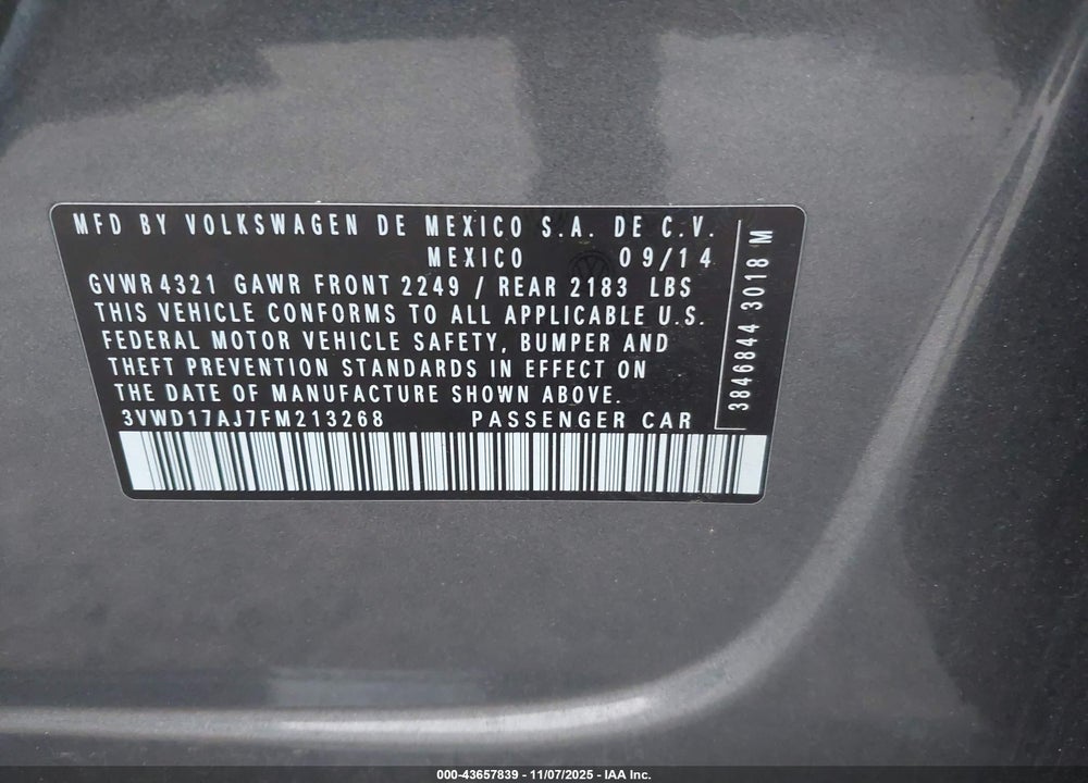 2015 VOLKSWAGEN JETTA 1.8T SE VIN: 3VWD17AJ7FM213268