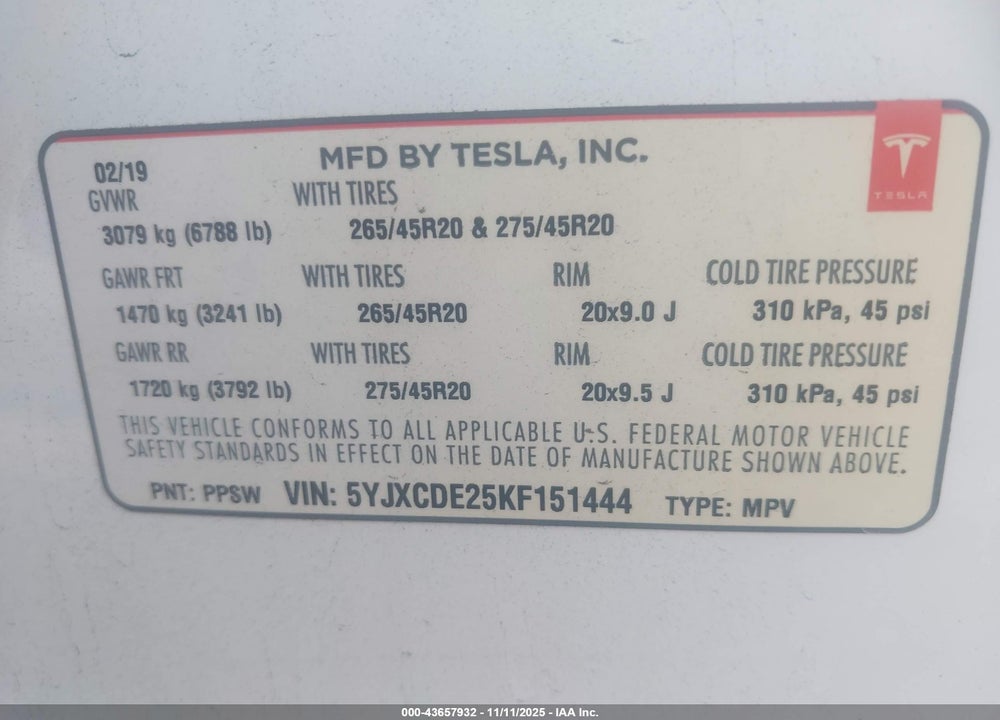 2019 TESLA MODEL X 100D/75D/LONG RANGE/STANDARD RANGE VIN: 5YJXCDE25KF151444