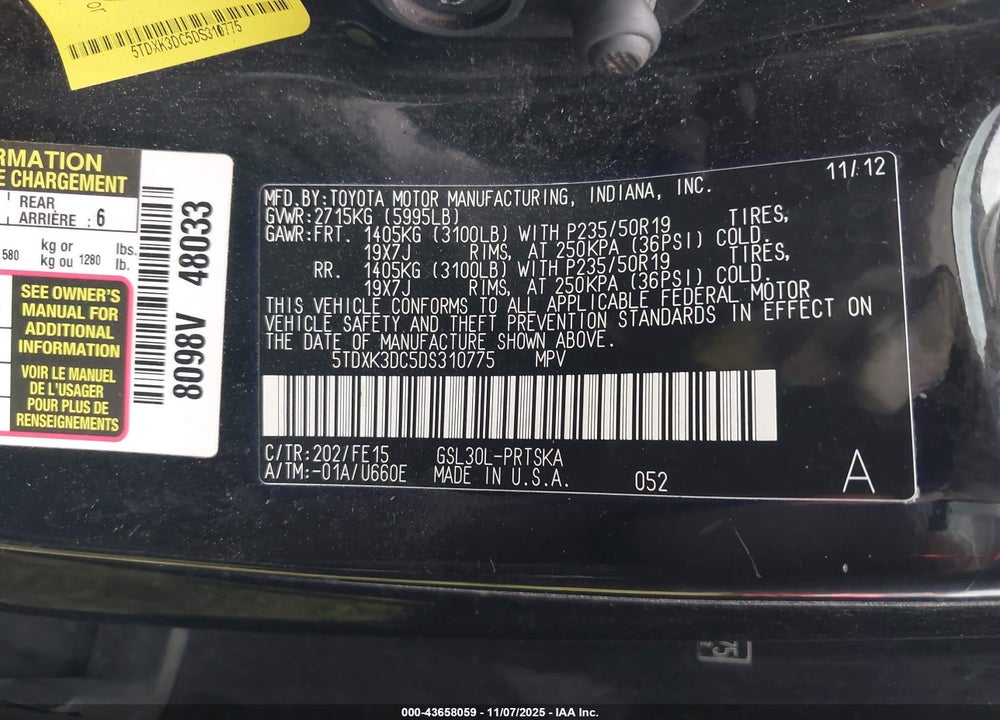 2013 TOYOTA SIENNA SE 8 PASSENGER VIN: 5TDXK3DC5DS310775
