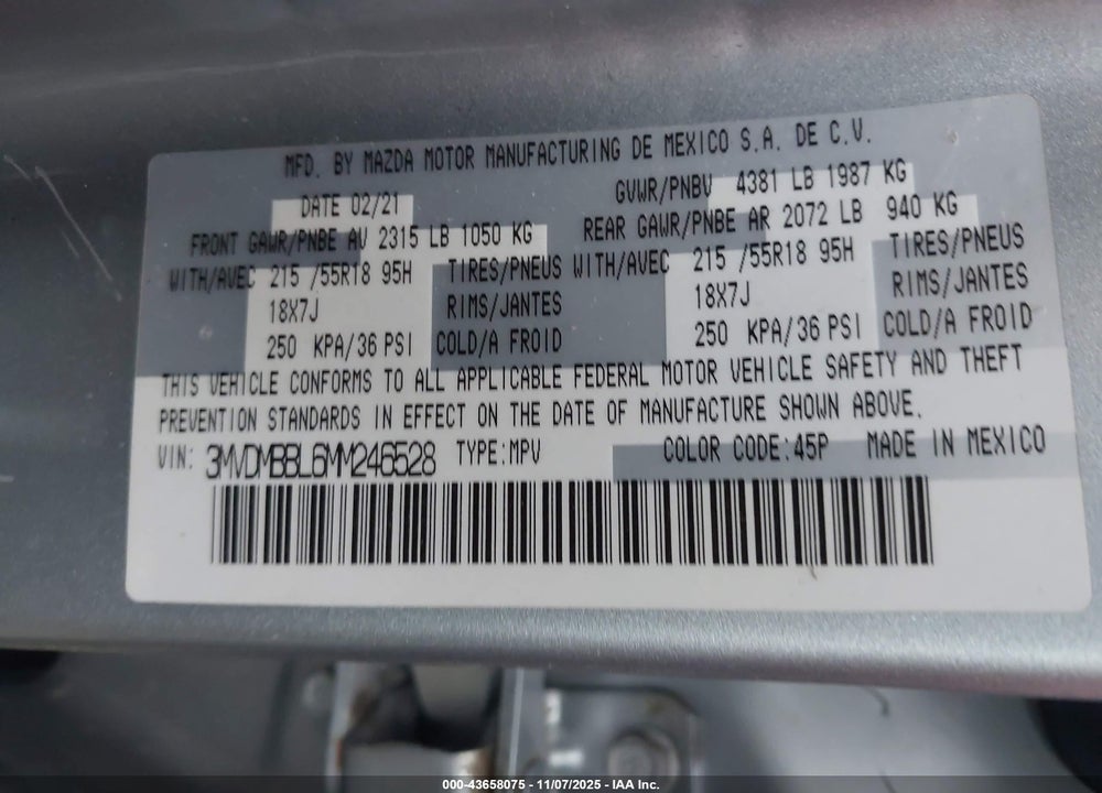 2021 MAZDA CX-30 VIN: 3MVDMBBL6MM246528