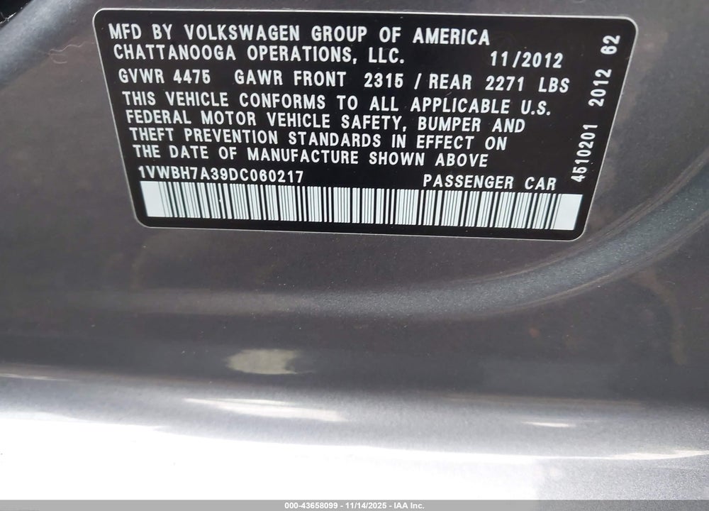 2013 VOLKSWAGEN PASSAT VIN: 1VWBH7A39DC060217