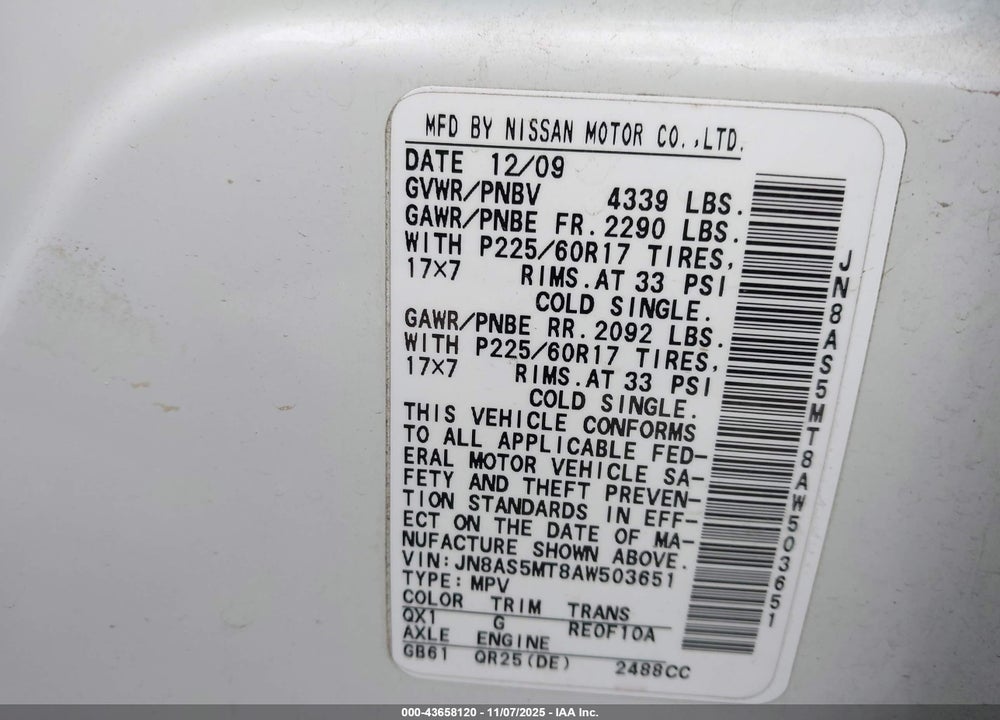 2010 NISSAN ROGUE VIN: JN8AS5MT8AW503651