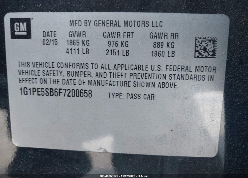 2015 CHEVROLET CRUZE 2LT AUTO VIN: 1G1PE5SB6F7200658